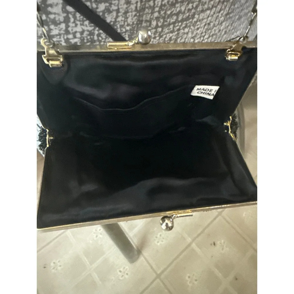 Vintage Black Beaded Shell Clutch Bag Gold Chain Strap Evening Formal Wedding